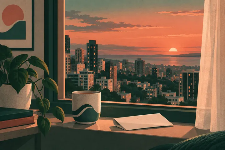 Janela de apartamento com xícara e vista para uma cidade ao entardecer