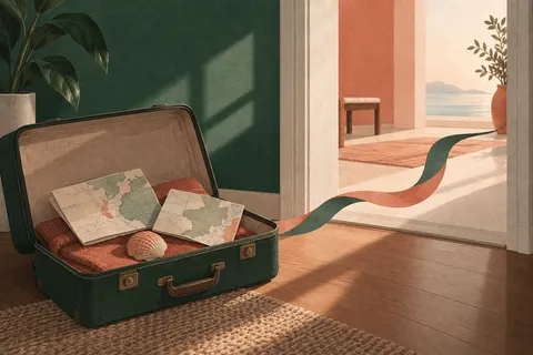 Mala aberta com mapas e concha ao lado de uma passagem entre dois ambientes
