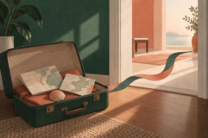 Mala aberta com mapas e concha ao lado de uma passagem entre dois ambientes