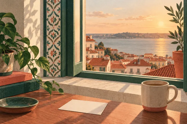 Janela com azulejos, xícara e vista para telhados e água em Portugal