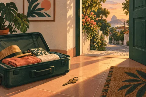 Mala aberta e chave em uma entrada iluminada pelo sol